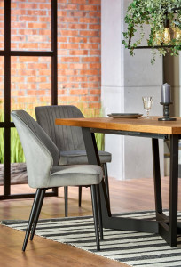 MASA DINING EXTENSIBILA MASSIVE, STEJAR/NEGRU, 160/250 CM, BLAT DIN FURNIR NATURAL SI PICIOARE DIN METAL, STIL VINTAGE - Img 6