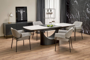 MASA DINING EXTENSIBILA OSMAN, ALB CU EFECT DE MARMURA/NEGRU, 160/220 CM, DIN CERAMICA SI METAL, STIL MODERN - Img 1