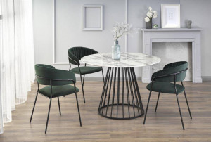 MASA DINING STIL BRODWAY, CU EFECT DE MARMURA ALBA/NEGRU, 110 CM, BLAT DIN MDF SI PICIOR DIN METAL, STIL MODERN