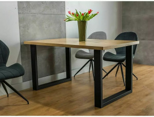 MASA DINING UMBERTO, 180 CM, STEJAR/NEGRU, BLAT DIN FURNIR NATURAL SI PICIOARE DIN METAL, STIL MODERN