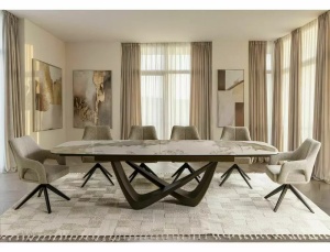 MASA EXTENSIBILA, 200/290CM, ALB LUCIOS/CUPRU, BLAT DIN STICLA, CERAMICA SI METAL, STIL MODERN