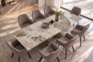 MASA EXTENSIBILA DINING DIAMOND 180/220/260CM, REALIZATA DIN METAL SI CERAMICA PANDORA, CU ASPECT DE MARMURA ALB/MARO SI CULOARE BRONZ - Img 6