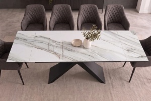 MASA EXTENSIBILA EUPHORIA 180-260CM, REALIZATA DIN METAL SI BLAT STICLA SI CERAMICA, DE CULOARE MARMURA - Img 6
