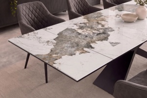 MASA EXTENSIBILA EUPHORIA 180-260CM, REALIZATA DIN METAL SI BLAT STICLA SI CERAMICA, DE CULOARE MARMURA ALB GRI - Img 8