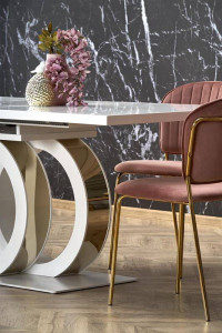 MASA EXTENSIBILA GALARDO, ALB/AURIU, 160/200 CM, DIN MDF LACUIT SI METAL, STIL MODERN - Img 8