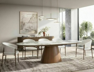 MASA EXTENSIBILA, MAROCCO 160/200CM, ALB LUCIOS/NUC, BLAT DIN MDF SI CERAMICA SI CADRUL DIN MDF SI FURNIR NATURAL, STIL MODERN