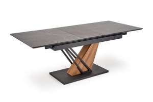 MASA EXTENSIBILA VOLANT, 140-180/90/76 cm, EFECT DE MARMURA NEAGRA/STEJAR AURIU//NEGRU, DIN MARMURA, MDF LAMINAT SI METAL, STIL MODERN - Img 3