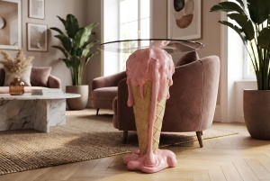 MASUTA DE CAFEA 75CM, ICE CREAM, REALIZAT DIN POLIRASINA SI STICLA, CULOARE ROZ/BEJ, REALIZAT MANUAL, ARTIM GROUP SELECTION
