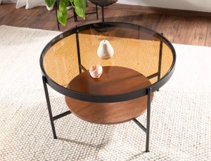 MASUTA DE CAFEA PRIMA B, 74 CM, CHIHLIMBAR/NUC/NEGRU, BLAT DIN STICLA SECURIZATA, MDF SI CADRU DIN METAL, STIL MODERN - Img 7