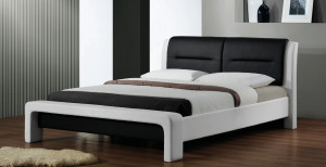PAT DORMITOR CASSANDRA, 120X200 CM, ALB/NEGRU, DIN LEMN MASIV SI PIELE ECOLOGICA, STIL MODERN - Img 1