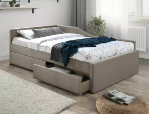 PAT DORMITOR ELIOT, CU SERTARE, 120 CM, BEJ TAP 228, TAPITERIE DIN CATIFEA, STIL MODERN