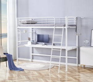 PAT DORMITOR SUPRAETAJAT DOLCE, CU BIROU SI ORGANIZATOR, ALB, CONFECTIONAT DIN METAL, STIL MODERN