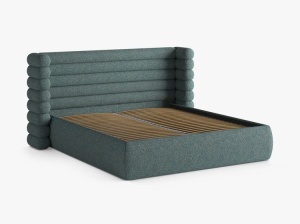 PAT TAPITAT MOUNT, 140X200, MELANJ ALBASTRU, SOMIERA RABATABILA, CU TAPITERIE DIN TEXTIL STRUCTURAT PUENTE, MICADONI - Img 3