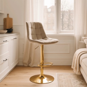SCAUN BAR, ARTIM MEBLE, REALIZAT DIN CATIFEA SI METAL, CULOARE BEJ/AURIU, STIL MODERN