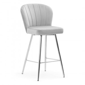 SCAUN DE BAR SHELLY, 60 CM, GRI/CROM, TAPITERIE DIN CATIFEA SI PICIOARE DIN METAL, STIL MODERN