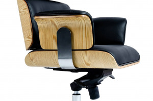 SCAUN DE BIROU LOUNGE BUSINESS, NEGRU/NATUR, PIELE NATURALA SI LEMN DE FRASIN, STIL MODERN - Img 5