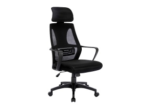 SCAUN DE BIROU PIVOTANT Q-095, NEGRU/NEGRU, TAPITERIE DIN STOFA SI PLASA SI PICIOR DIN PLASTIC, STIL MODERN - Img 1