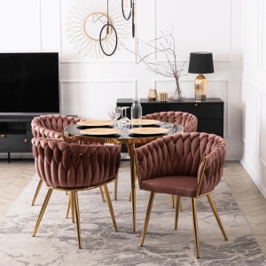 SCAUN DINING, ARTIM MEBLE, REALIZAT DIN METAL SI CATIFEA, CULOARE ROZ/AURIE, STIL MODERN - Img 2