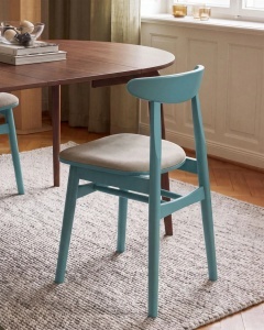 SCAUN DINING/BIROU OSOS, BEJ DESCHIS/TURCOAZ, TAPITAT CU TAPITERIE DIN TEXTIL CATIFEA VENUS SI LEMN MASIV, MICADONI - Img 5