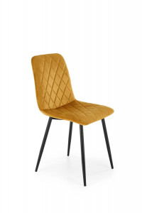 SCAUN DINING K525, GALBEN MUSTAR/NEGRU, TAPITERIE DIN CATIFEA SI PICIOARE DIN METAL, STIL MODERN