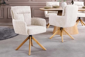 Set 2 Scaune Big George, rotativ la 360° cu revenire automată, husă din material textil structurat, culoarea gri șampanie, cu cadru din lemn de stejar