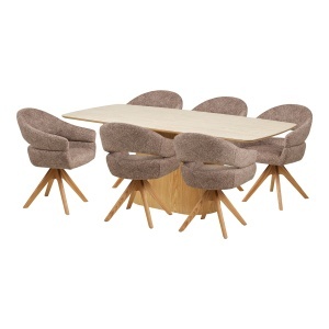 SET MASA SI 6 SCAUNE, DIN LEMN, CERAMICA SI TEXTIL, CULOARE NISIPIU/NATUR, HOUSE NORDIC