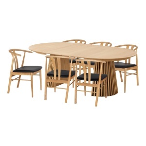 SET MASA SI 6 SCAUNE, DIN LEMN SI PIELE ECO, CULOARE STEJAR/NEGRU, HOUSE NORDIC