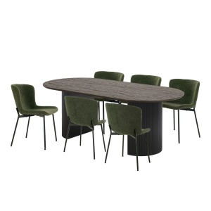 SET MASA SI 6 SCAUNE, DIN LEMN SI TEXTIL, CULOARE VERDE/MARO, HOUSE NORDIC