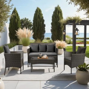 SET MOBILIER DE GRADINA/TERASA, MISSISSIPI, ARTIM MEBLE, DIN METAL, TECHNORATAN SI STICLA, CULOARE GRI