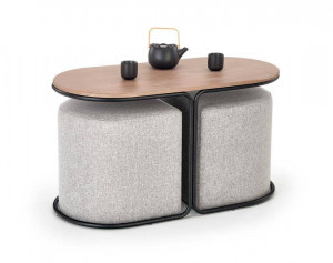SET PAMPA - MASUTA CU DOI TABURETI, STEJAR/NEGRU/GRI, DIN MDF FURNIRUIT, METAL SI TEXTIL, STIL MODERN