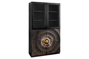 VITRINA LIVING GOLDEN SUNSET 180CM, MODEL 3D, REALIZAT DIN LEMN DE MANGO, STICLA SI PICIOARE DIN METAL, CULOARE NEGRU/AURIU - Img 13