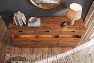 BUFET LIVING GRAND MANGO 180CM, REALIZAT DIN LEMN DE MANGO, LED CU TELECOMANDA, CULOARE NATUR/MARO - Img 8