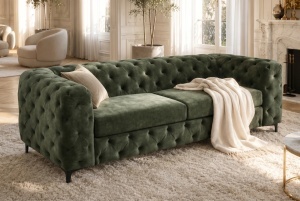 CANAPEA ELEGANTA CHESTERFIELD 235CM, DIN LEMN SI TEXTIL CATIFEA, CULOARE VERDE INCHIS, INVICTA INTERIOR - Img 9