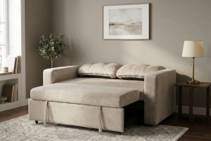CANAPEA EXTENSIBILA DE APARTAMENT, SMART 140CM, 2 LOCURI, DIN LEMN SI MATERIAL CATIFEA, CULOARE BEJ, INVICTA INTERIOR - Img 5