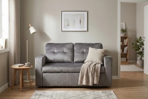 CANAPEA EXTENSIBILA DE APARTAMENT, SMART 140CM, 2 LOCURI, DIN LEMN SI MATERIAL CATIFEA, CULOARE GRI, INVICTA INTERIOR - Img 9