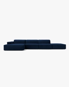 COLTAR CU 5 LOCURI JODIE, PE STANGA, 341X162 CM, ALBASTRU ROYAL, TAPITAT CU TAPITERIE DIN TEXTIL CATIFEA BLUVEL, MICADONI