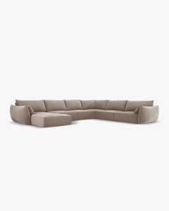 COLTAR CU 8 LOCURI, KAELLE, PE DREAPTA, 384 CM, CAPPUCCINO, TAPITAT CU TAPITERIE DIN TEXTIL CATIFEA BLUVEL, MICADONI - Img 2
