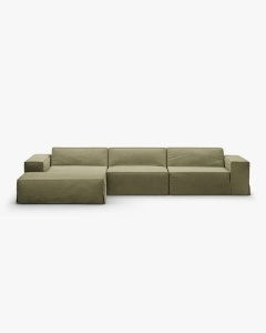 COLTAR JODIE, PE STANGA, 284X162 CM, VERDE DESCHIS, TAPITAT CU TAPITERIE DIN TEXTIL STRUCTURAT LINS, MICADONI