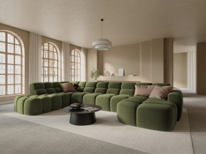 COLTAR LISA, STANGA, 7 LOCURI, 387 CM, VERDE OLIVE, TAPITERIE DIN CATIFEA, DESIGN DEOSEBIT