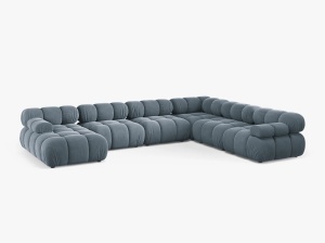 COLTAR MODULAR PANORAMIC BELLIS, PE DREPTA, ALBASTRU DESCHIS, CU TAPITERIE DIN CATIFEA VENUS, MICADONI