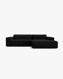 COLTAR PE DREAPTA JODIE, CU 3 LOCURI, 224X162 CM, ADANCIME SCAUN 62 CM, NEGRU, TAPITAT CU TAPITERIE DIN TEXTIL CATIFEA BLUVEL MICADONI