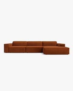 COLTAR PE DREAPTA JODIE, CU 4 LOCURI, 284X162 CM, ADANCIME SCAUN 62 CM, CARAMIZIU, TAPITAT CU TAPITERIE DIN TEXTIL CATIFEA BLUVEL, MICADONI