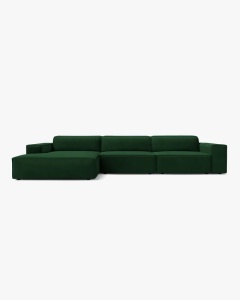 COLTAR PE STANGA JODIE, CU 4 LOCURI, 284X162 CM, ADANCIME SCAUN 62 CM, VERDE SMARLD, TAPITAT CU TAPITERIE DIN TEXTIL CATIFEA BLUVEL, MICADONI