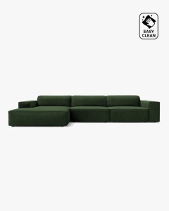 COLTAR PE STANGA JODIE, CU 4 LOCURI, 284X162 CM, ADANCIME SCAUN 62 CM, VERDE SMARALD, TAPITAT CU TAPITERIE DIN TEXTIL CATIFEA VENUS, MICADONI