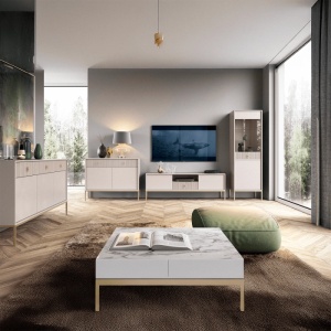 COMODA LIVING 155CM, ARTIM MEBLE, CU 3 USI, REALIZATA DIN MDF, CULOARE BEJ/AURIU, STIL MODERN - Img 2
