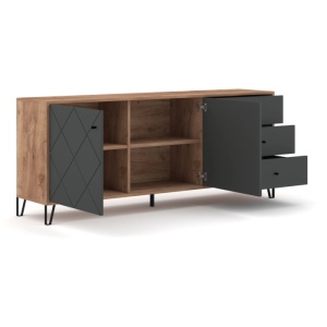 COMODA LIVING 183CM, ARTIM MEBLE, CU 2 USI SI 3 SERTARE, REALIZAT DIN MDF SI METAL, CULOARE GRAFIT/STEJAR, STIL MODERN - Img 3