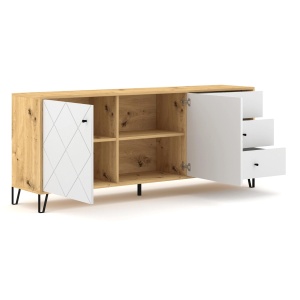 COMODA LIVING 183CM, ARTIM MEBLE, CU 2 USI SI 3 SERTARE, REALIZAT DIN MDF SI METAL, CULOARE ALB/STEJAR, STIL MODERN - Img 2