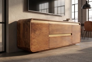 COMODA LIVING TV 160CM, REALIZATA DIN LEMN DE MANGO, DETALII AURII, CULOARE MARO/AURIU