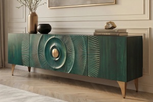 COMODA TV GOLDEN SUNSET 180CM, REALIZAT DIN LEMN DE MANGO, DE CULOARE TURCOAZ, MODEL 3D, ARTIM GROUP - Img 9