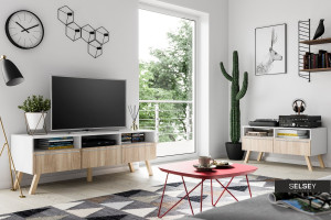 COMODA TV LAVELLO DE CULOARE ALBA/SONOMA 150CM DESIGN SCANDINAV - Img 5